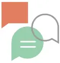 Three overlaid speech bubbles in orange, green, and white