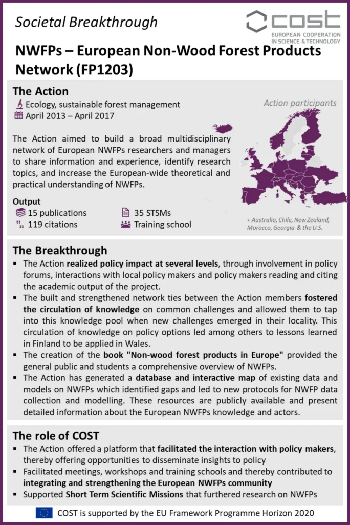 Factsheet titled 'Societal Breakthrough: NWFPs - European Non-wood Forest Products Network (FP1203)'