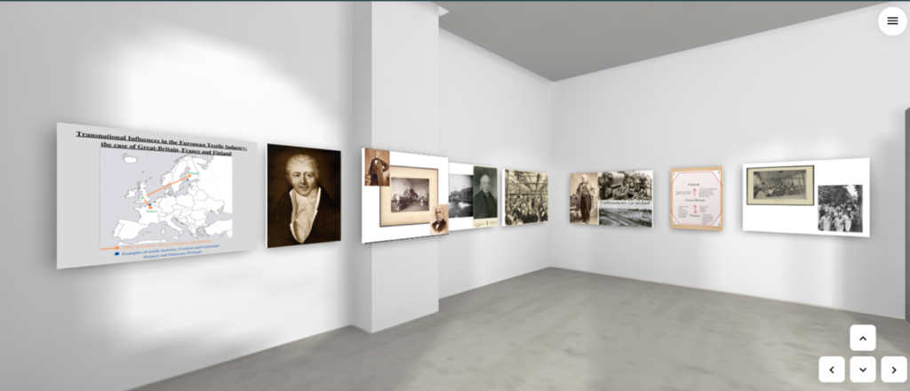 Computer simulation of a virtual art exhibition. Grey floor with white walls and 7 images on the walls featuring a mixture of maps and portraits