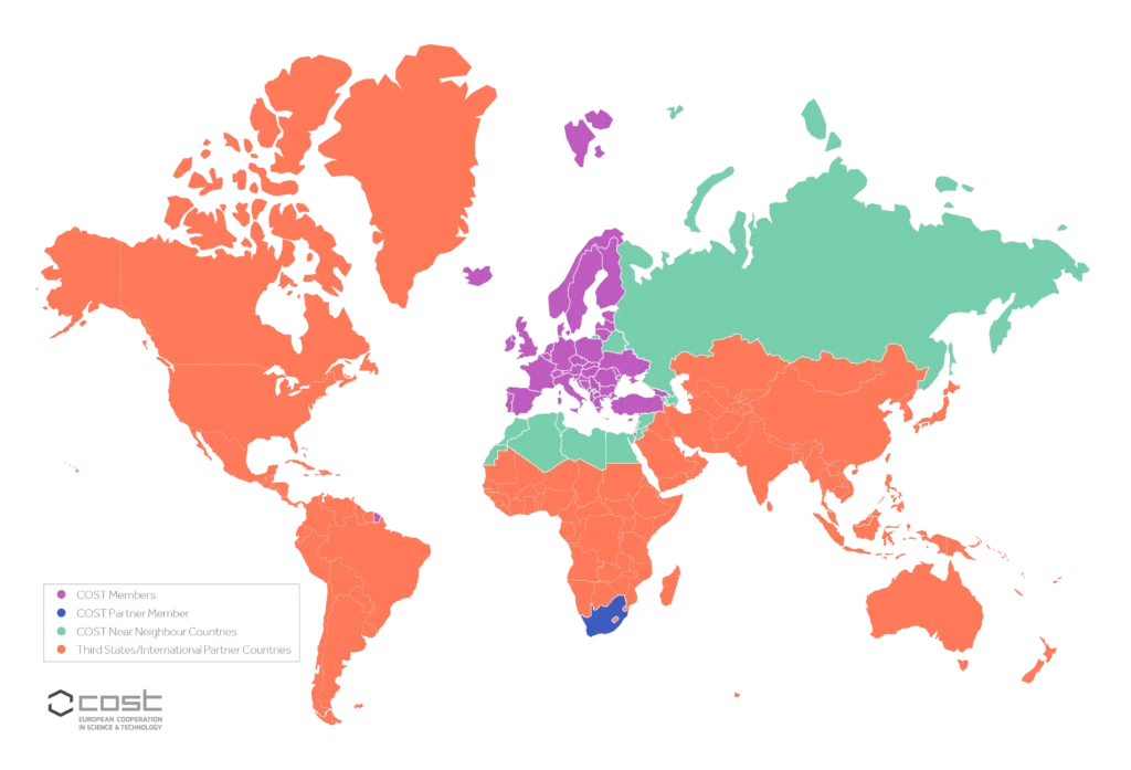 World map with countries shaded in purple, green, orange, and blue depending on their relationship to COST