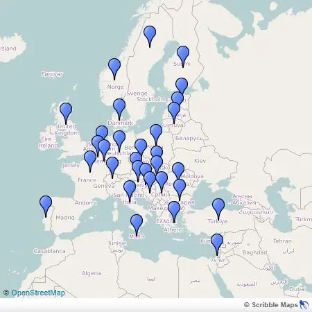 Illustrative map of europe with 20 blue location pins scattered across the continent in almost all European countries