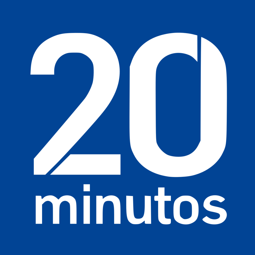 Blue square with white writing "20 minutos"