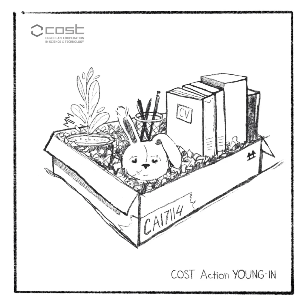 Illustration of a cardboard box with various items inside include a pencil pot, a plant, a rabbit, and some books, one of the books has the visible title CV.