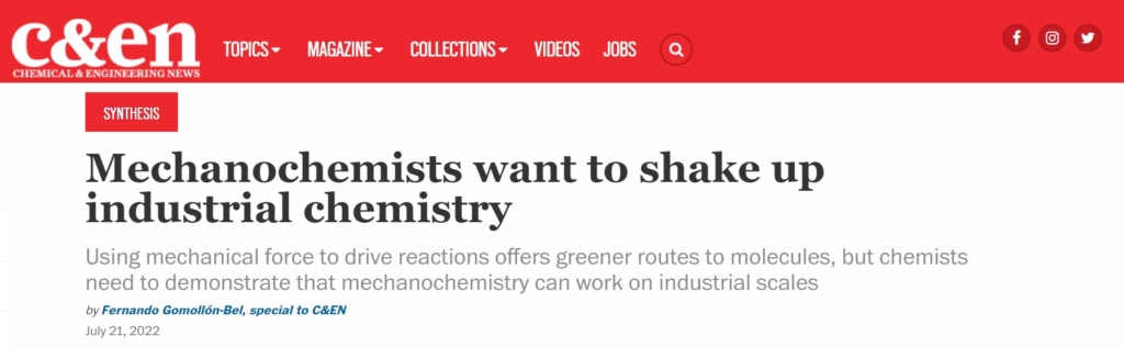 Screen grab from an internet news page entitled "Mechanochemists want to shake up industrial chemistry"