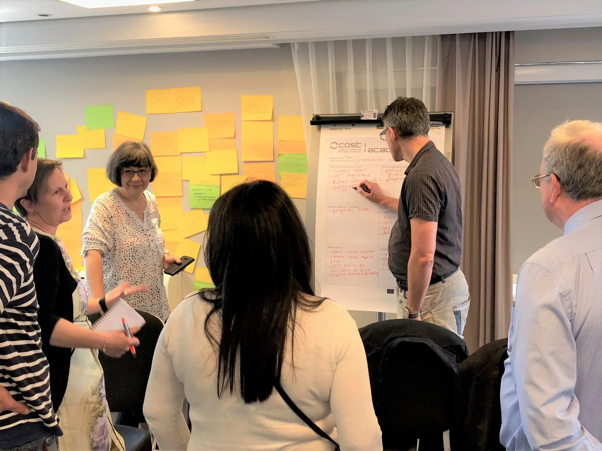 A group of people huddled around a flip chart noting down ideas