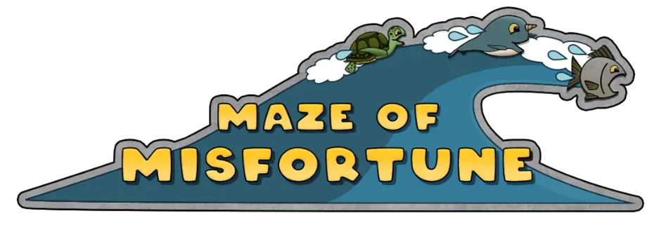 Logo of a game - sea animals riding on the top of a wave with the text 'Maze of Misfortune' inside