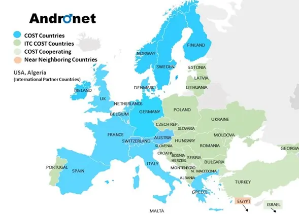 Map of Europe highlighting which countries are represented in the ANDRONET network 