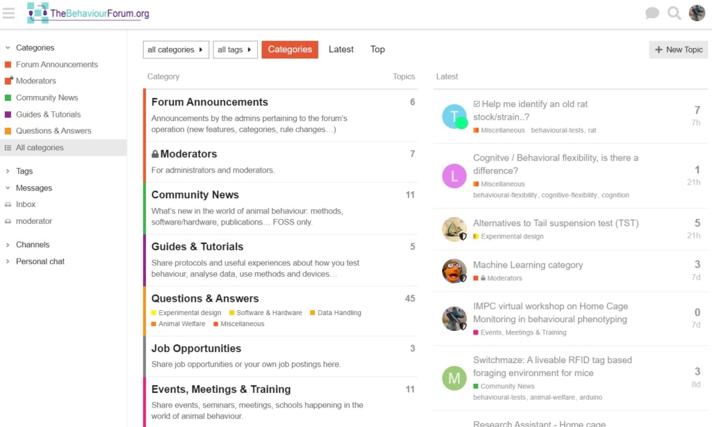 Screenshot from The Behaviour Forum landing page showing different sections like announcements, community news, guides & tutorials, questions & answers, job opportunities, and events