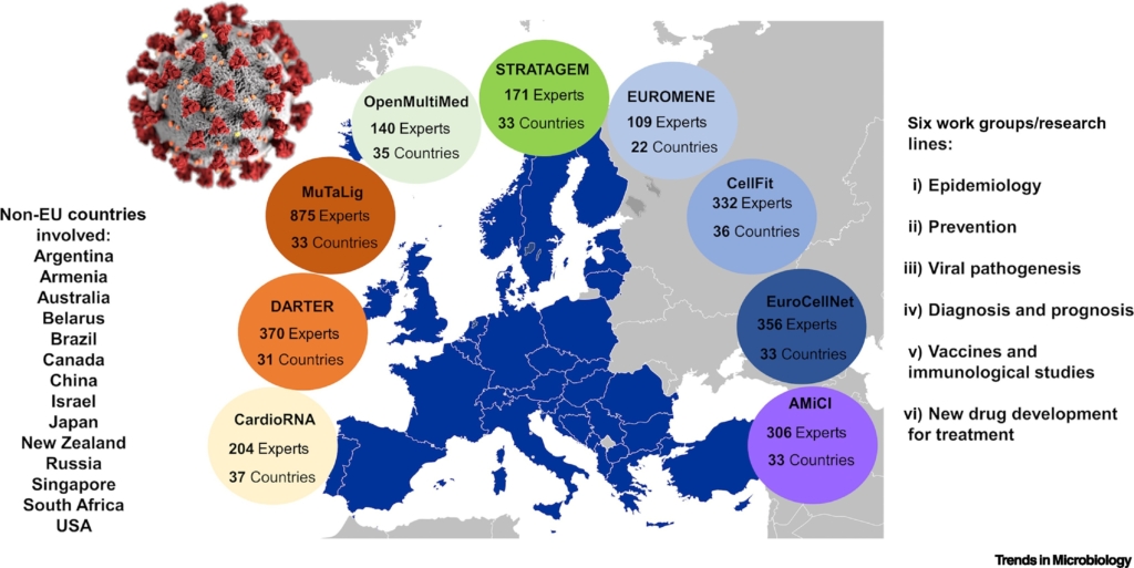 COST Action Network at a glance. Colored circles represent the nine participating COST Actions; the contents of the circles indicate the number of experts participating in each Action and the number of countries involved. Other non-EU countries that are members of those Actions have been also listed. The Trans-COST Action network has been organized into six work groups or research lines: epidemiology, prevention, viral pathogenesis, diagnosis and prognosis, vaccines and immunological studies, and new drug development for the treatment of COVID-19. 