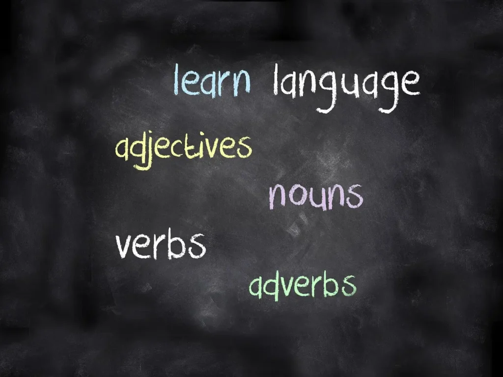 Black board with the words "Lean languages; adjectives; nouns; verbs; adverbs" written in chalk