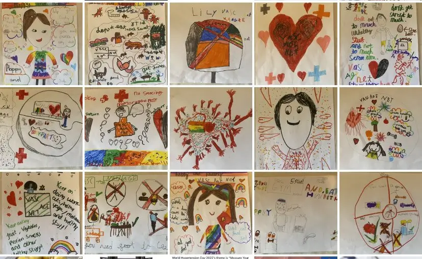 Lots of children's colourings in a collage showcasing what you can do for a healthy heart (eating well, doing sport, good sleep, low stress)