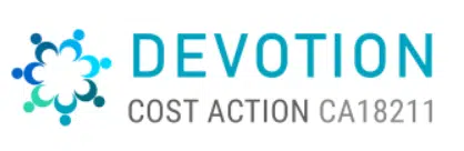 The logo shows the word "DEVOTION" in large turquoise letters, with "COST ACTION CA18211" in smaller gray text beneath it. To the left is a circular emblem formed by stylized human figures in blue and teal tones arranged in a ring, creating a snowflake or star-like pattern. The figures appear to be holding hands or connected, suggesting collaboration or community.